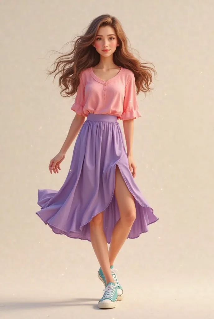 A white girl with brown hair wearing a pink shirt and a violet skirt and light blue shoes and brown eyes