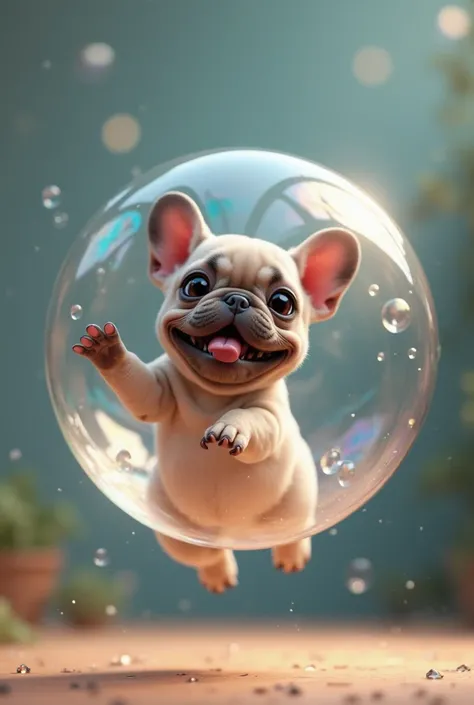 A little French bulldog puppy in a soap bubble funny Pixar humor 