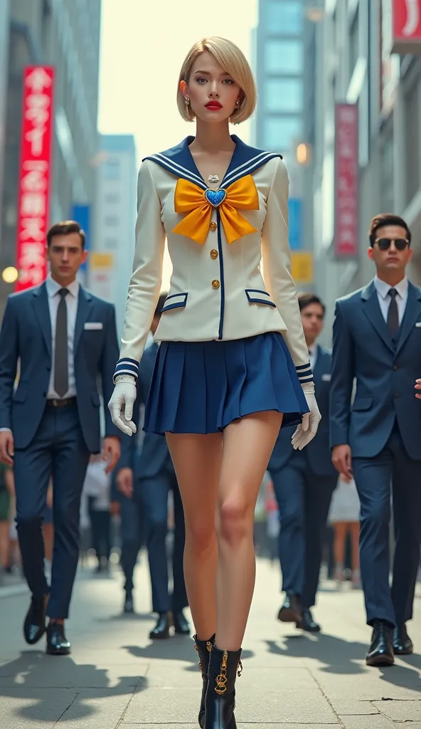 "A full-body, ultra-realistic and highly detailed depiction of Sailor Uranus in a modern, high-fashion adaptation. She confidently walks through a bustling Japanese city street, exuding power and authority. She wears a white tailored sailor-style jacket wi...