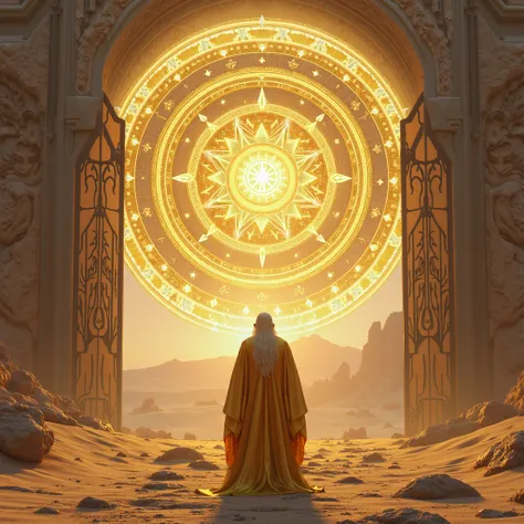 A golden mandala stands in the desert, 8k, hyperrealism, hyperdetailed, UHD, award winning, accurate, masterpiece, high resolution, detailed background, cinematic light, The ratio of shadow and light is harmonious,  a wizard is standing in front of the man...