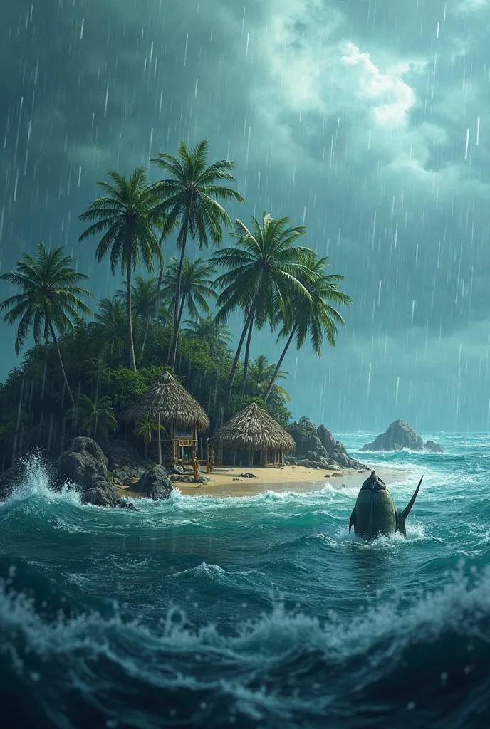 **The Big Fish King's Storm**  
   A tropical island is caught in a gentle storm, with rain droplets glistening on the leaves of miniature palm trees. In the ocean, the big fish king commands his subjects to guide lost fish to safety. The scene is both dra...