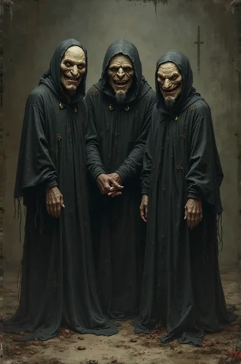 In a dark style, like Renaissance painting, do Three Unpleasant Witches, with a face full of warts,  big eyes , bulging and without eyelids. the pale skin and features on his face that look unnatural, terrifying and threatening.. are in a very dark room  a...