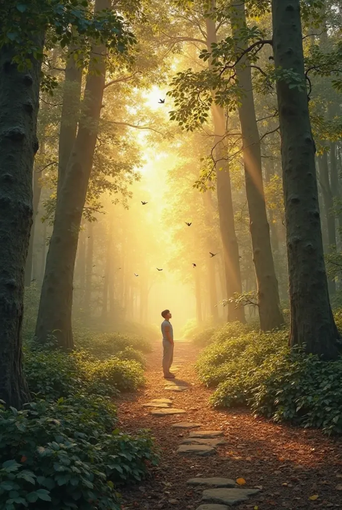 I want a picture: A serene forest at dawn**

- **bottom**: A peaceful forest landscape, bathed in the soft, golden light of dawn. Sunlight filters through the trees,  creating a warm and welcoming environment .
  
- **Forest edges**: On the perimeter of th...