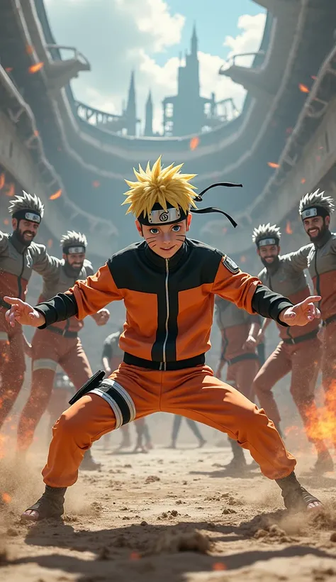 naruto going into combat with his shadow clones, in the background an arena