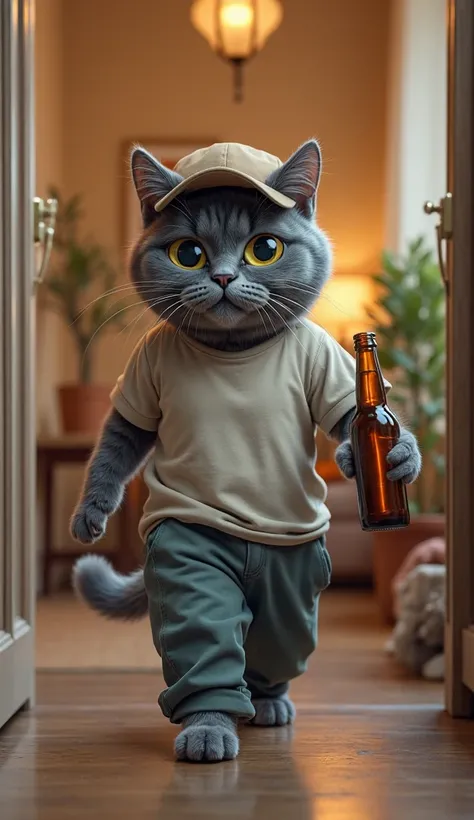 image rich in detail and ultra realistic quality of a gray cat arriving home holding a beer bottle in its paw, He wears clothes and cap, color of the image is clear and sharp 