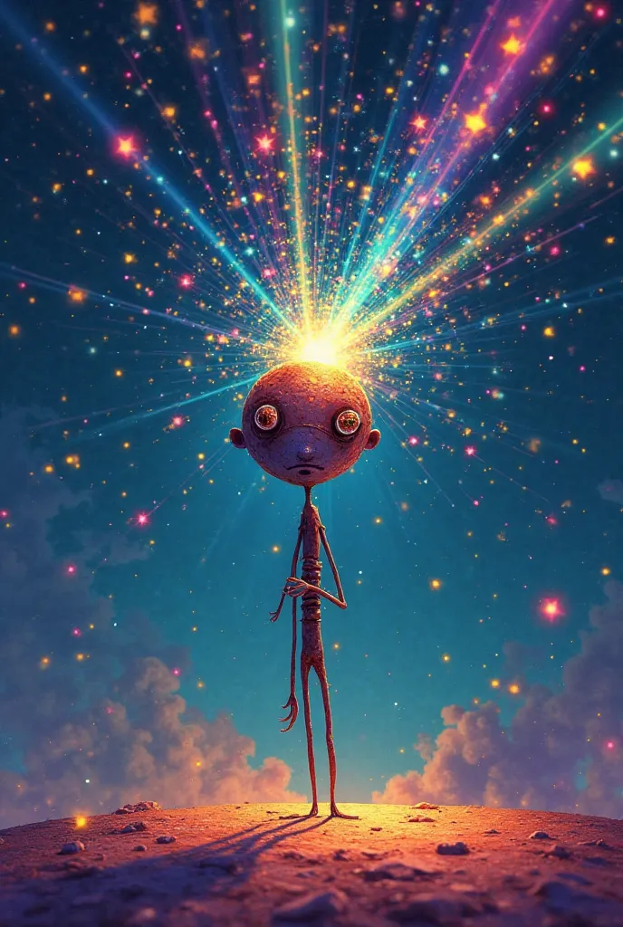 A stickman feeling dizzy, with spinning orbits and stars above their head. The character has flashes of light in their eyes and all around them. the image should be vibrant, colorful, and iridescent, with flashes of light. The text “DM” must be in the fore...