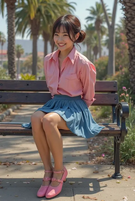 photo-realistic, ultra-realistic, very beautiful Japanese dancer,dramatic scene, masterpiece, pink shirt, blue skirt, pink Mary Jane tap shoes. Suntan pantyhose, metal dance plates attached to the toes and heels of the tap shoes, happy alone on a park benc...