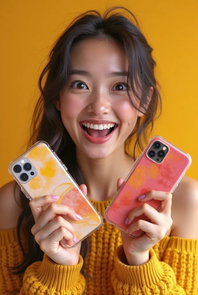 beautiful girl surprised by the offers and holds 2 phone covers in her hand