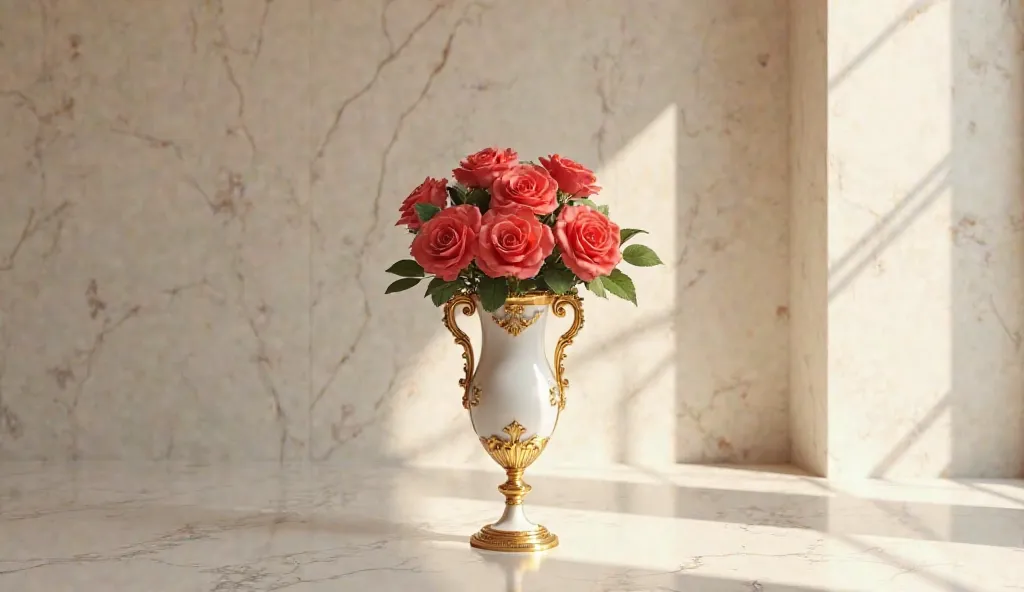 A luxurious flower vase in an empty place and the rose is bright