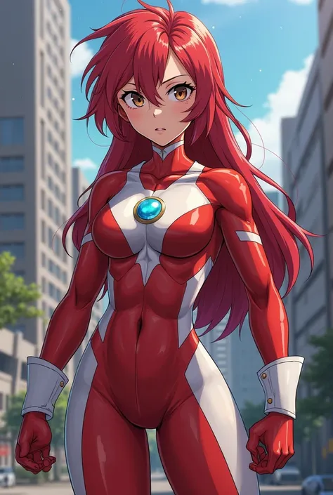 My Hero Academia Style , Anime girl, female, young female,muscular female,Full Body Shot,(fighting Pose:2),Long hair, Red Hair,  Brown Eyes,Hero Suit, Full Body Suit, red suit with white details,small round blue jewel in the center of the chest, perfect an...