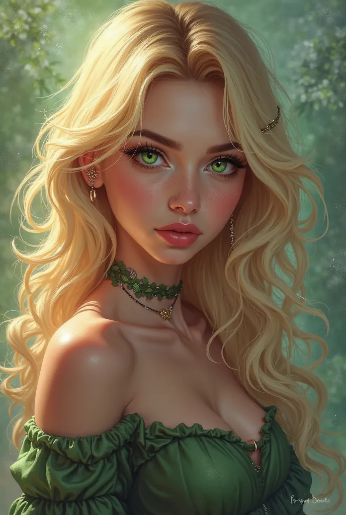 Create some cartoon sexyy pretty profile picture - blonde with green eyes , next version league of legends style , makeup,  Position , to feel confident about it 