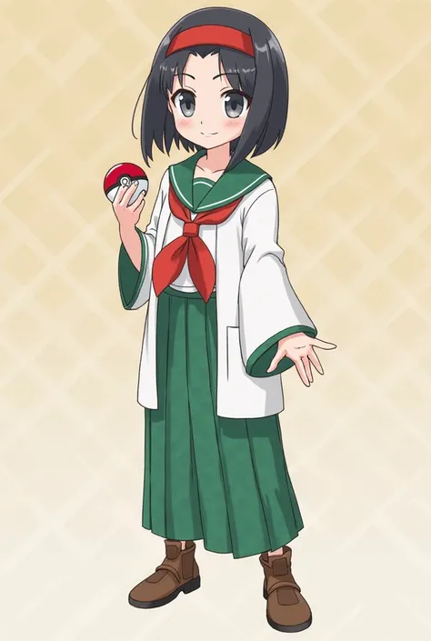 Erika_(pokemon), 1girl, solo, bob_cut, short_hair, black_hair, parted_bangs, hairband, red_hairband, grey_eyes, eyelashes, kimono, white_kimono, tasuki, sailor_collar, green_sailor_collar, neckerchief, red_neckerchief, hakama, green_hakama, hakama_skirt, p...