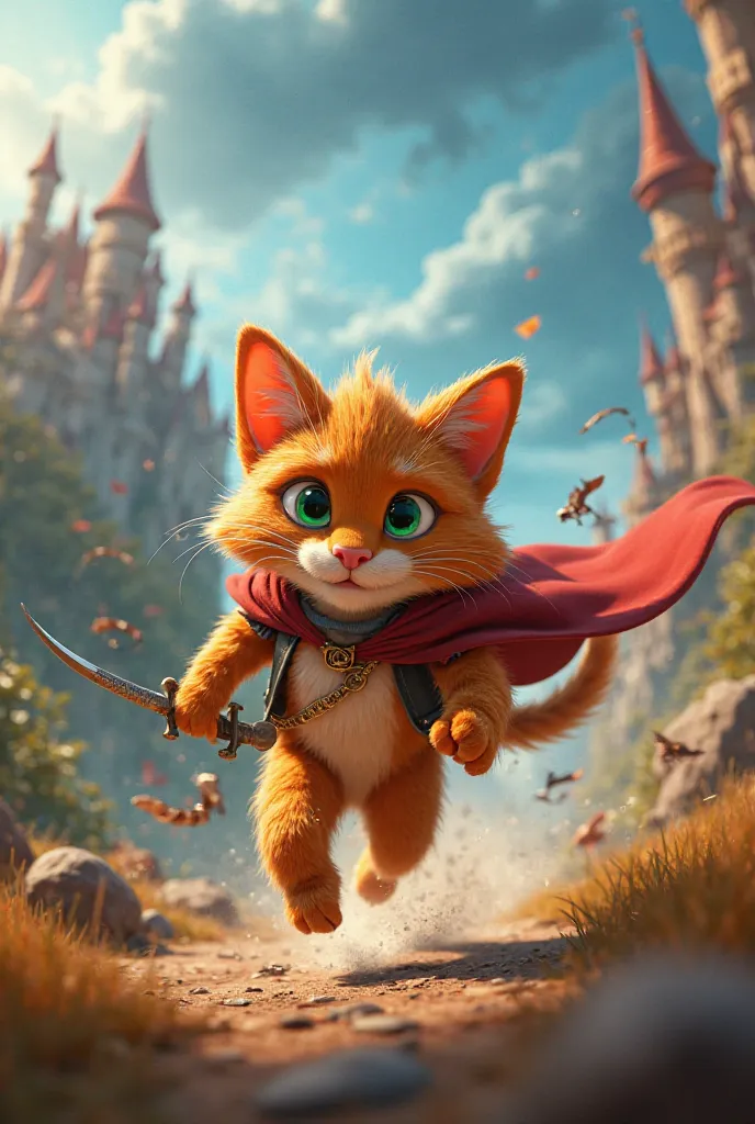 Create the DreamWorks-style Puss in Boots, running away from the death of Puss in Boots 2