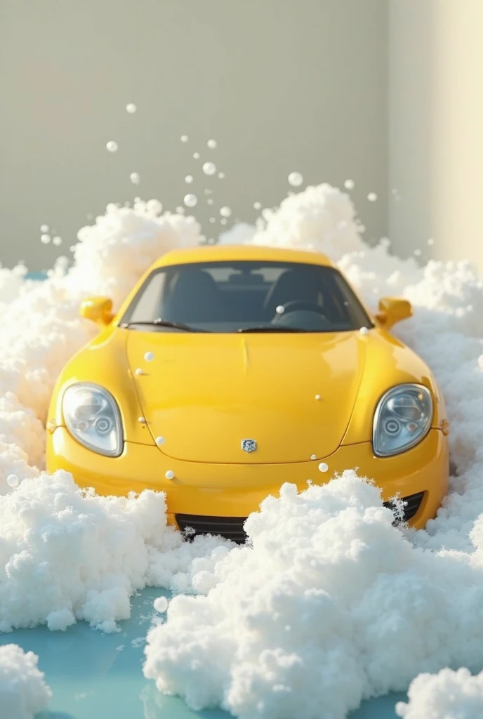 A yellow car taking a bath filled with foam 