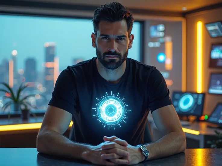 A futuristic and charismatic billionaire tech entrepreneur with short dark hair and a well-groomed beard, sitting at his sleek high-tech desk, fully facing forward as if looking directly at the viewer. His entire body is turned toward the camera, creating ...