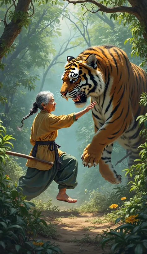 An old but agile grandma in a kung fu stance, dodging the attack of a fierce tiger in the middle of a dense jungle. Her eyes are sharp, and she’s ready to strike with precision