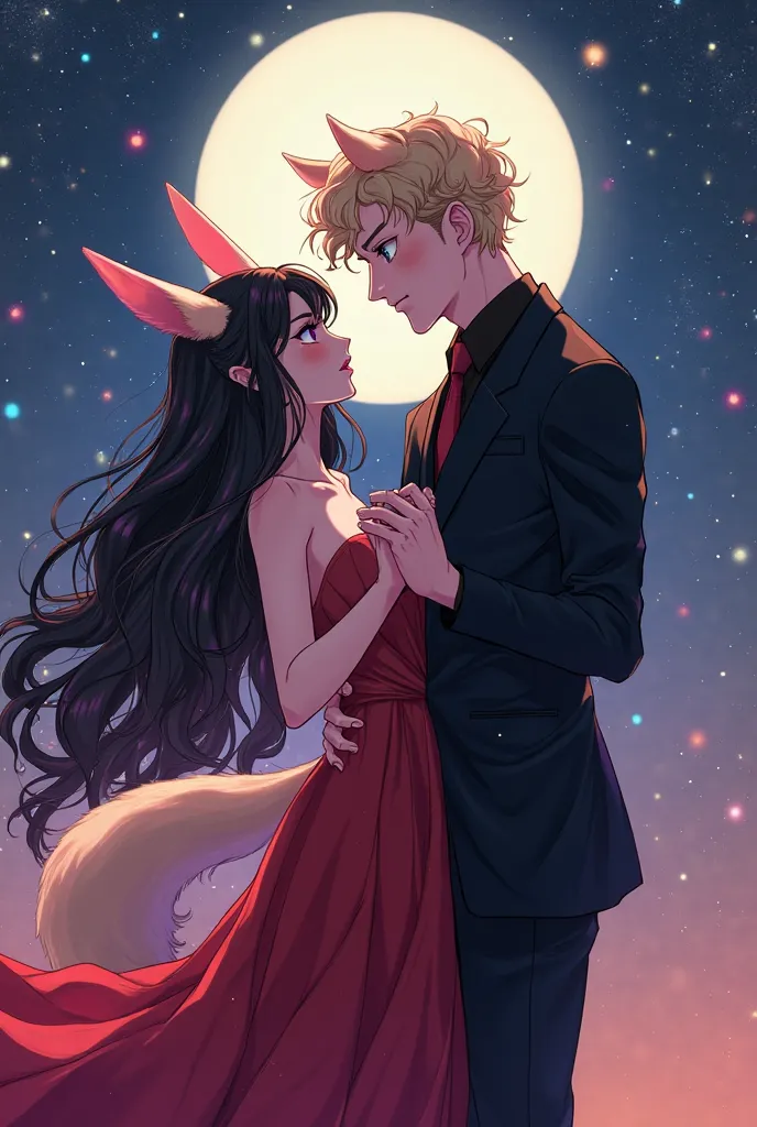 Woman with long black hair with light pink highlights, pink fox ears,  pink fox tail and pink eyes . She has very light pink skin with discreet shiny spots,  night scene as if it were a galaxy .  she wears a flowing red dress .  Tall man ,  athletic size, ...