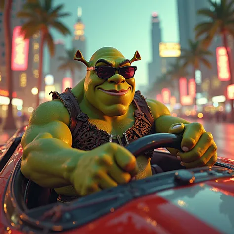 Sexy shrek, Slay, driving car , sunglasses,street, miami vice