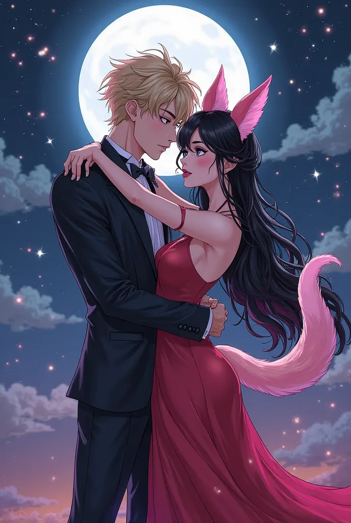 Woman with long black hair with light pink highlights, pink fox ears,  pink fox tail and pink eyes .  She has very light pink skin with discreet shiny spots,  night scene as if it were a galaxy .  she wears a flowing red dress .  Tall man ,  athletic size,...