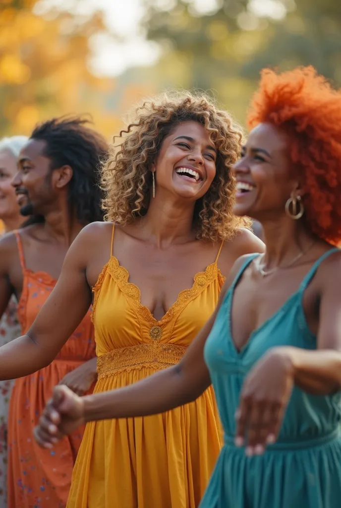 Real Image. dancing.  4K. 5 people of color, different races and ethnicities: A blond woman and blue eyes. An Angolan man. an indian woman. A Japanese man. A white woman with orange hair and green eyes. all happy. Bright and beautiful colors in the backgro...