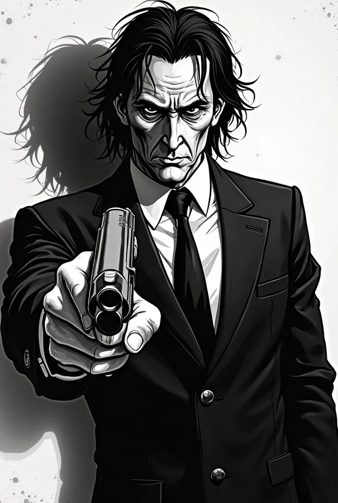 Mafia man with the face of an evil monster dressed in a suit pointing a gun in the forehead, Manga style, black and white, comic style, Junji Ito's manga style, uncomfortable and disturbing, high contrast black and white with lots of shadows, retro anime, ...