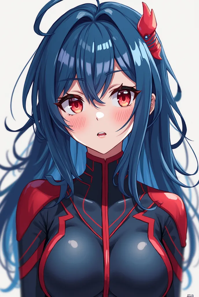 Anime Style (mha), A girl with blue and red hair, with two red eyes and one blue eye covered by a fringe, medium-long hair, is high (1,70) and with a strong figure, Her clothing style is casual, and her hero suit is black, blue, and red, similar to armor b...