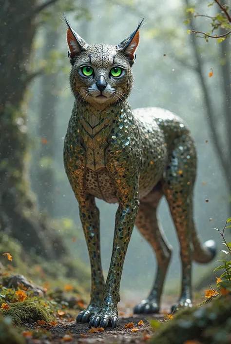 A cheetah with an owl's head, its eyes are green its body full of mirrors, its legs are those of a sword-shaped horse, its tail is shaped like a fork 