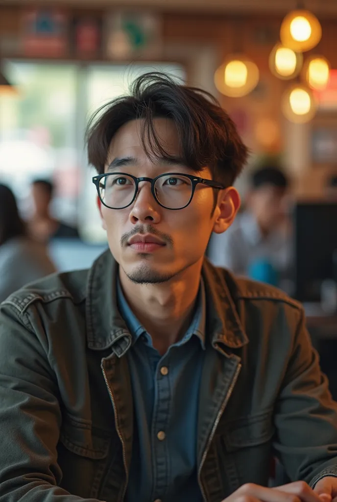 man,  White , height of 1,75m, short brown hair, square eyeglasses with black frame, Sitting at an internet cafe, looking at the people who capture the image. 