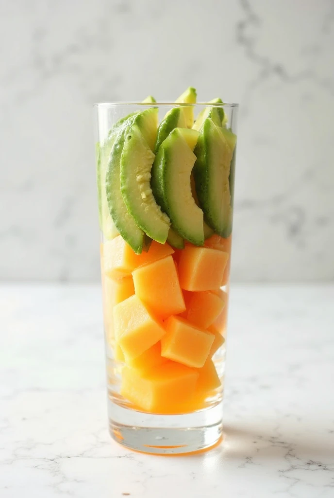 A front-view of a transparent tall glass filled with neatly layered fresh fruits. The bottom layer consists of creamy orange-hued melon chunks, arranged evenly to highlight their smooth texture and natural sweetness. The top layer is made up of vibrant gre...