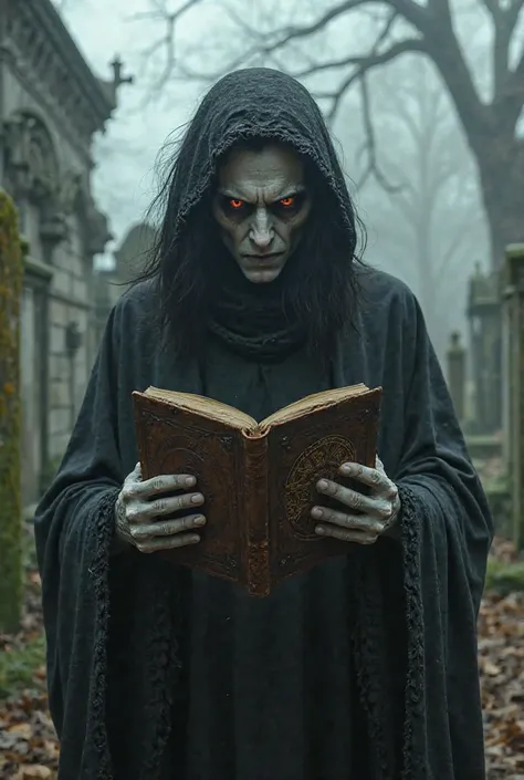 realistic image Pale and dark human, with black hair and red eyes. Wears black robes and carries an ancient grimoire. Inhabits an abandoned cemetery.