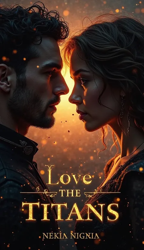 ** describe the cover of the novel  "Love the Titans "**  

A cover that embodies an internal struggle between love and might, between heart and mind. Two strong souls meet in an arena that does not know surrender .  In the scene, a man and a woman appear ...