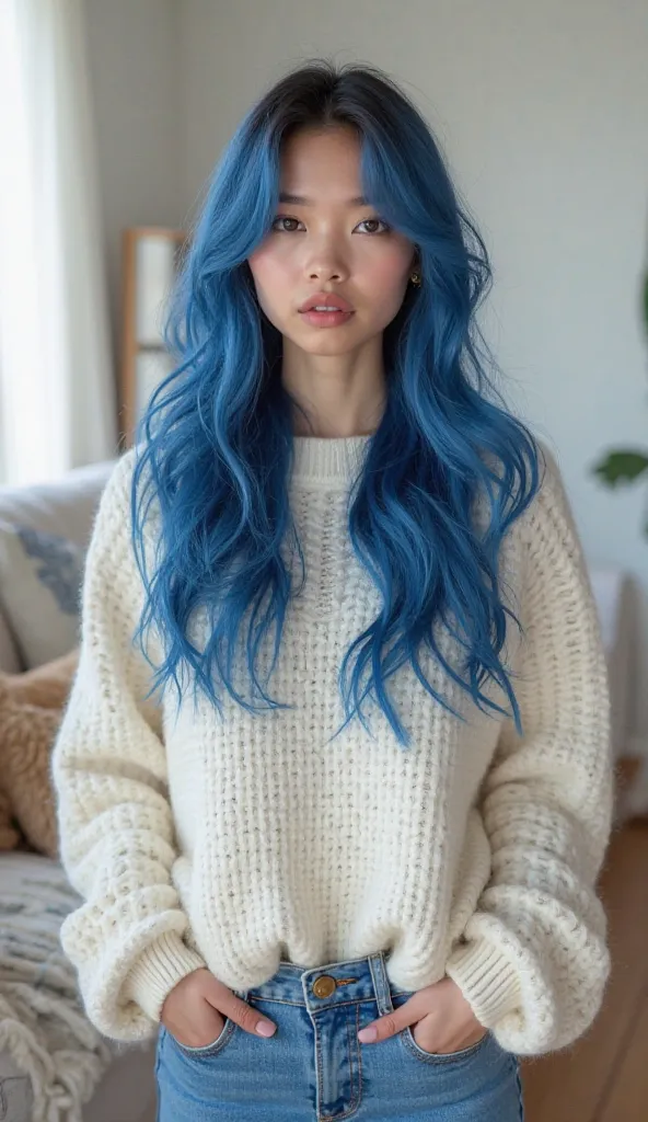 Une influenceuse sans maquillage et aux longs cheveux bleu cobalt en cascade, portant un jean et un pull en laiane blanche dans son salon.