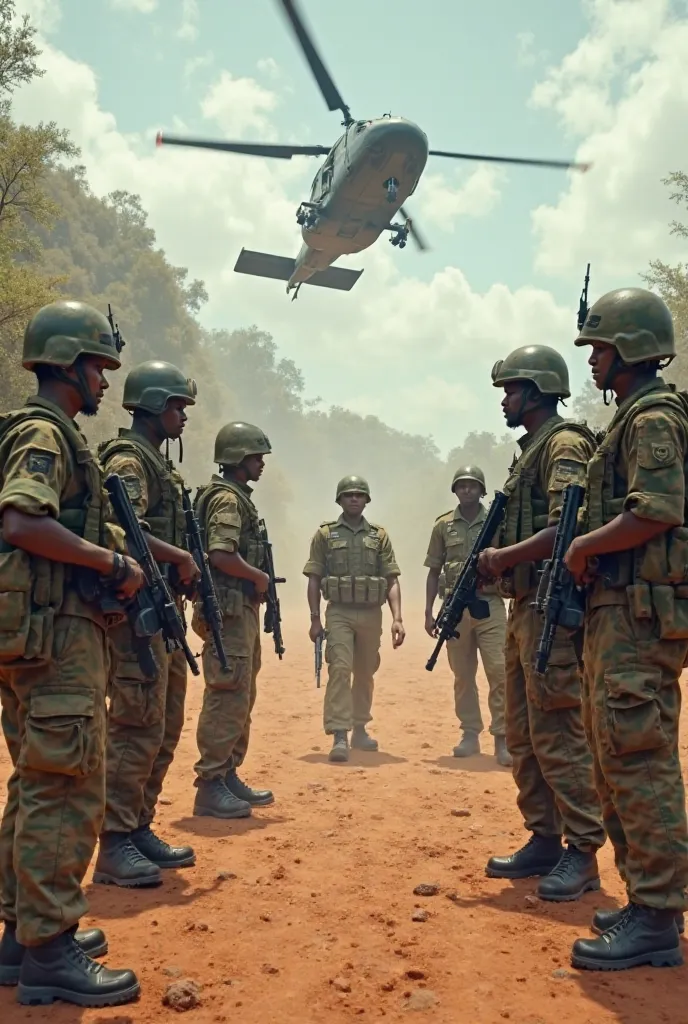 
5 South African soldiers with Guns at Rwanda Boarder at daylight, 3 Rwandam Soldier checking  with Helicopter 