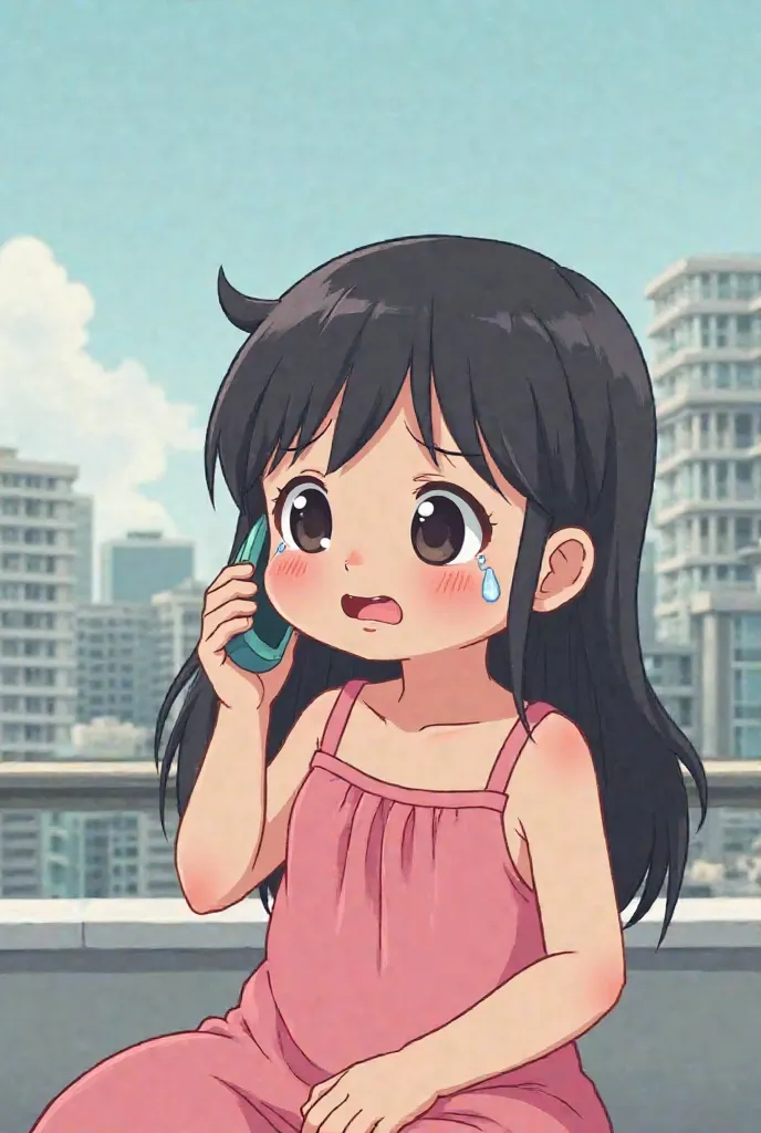 Cartoon of a Korean baby with long black hair ,  eyes black, wearing a pink dress with thin straps. She is holding a phone in her ear while crying, with tears streaming down his cheeks. She is sad . She's on the terrace of a building.