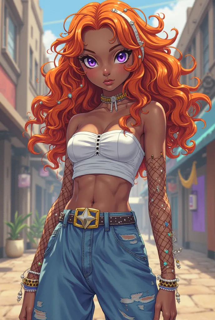 anime style poster, very attractive girl with rather very curly and orange hair with white locks, purple eyes shirt,  with black skin /dark , Represent the colors orange, a girl with a serious face,  impressive, that can be seen from head to toe, a white t...