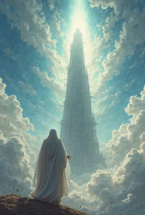 A scene of God watching the construction of the tower from the sky,  with a worried expression ]