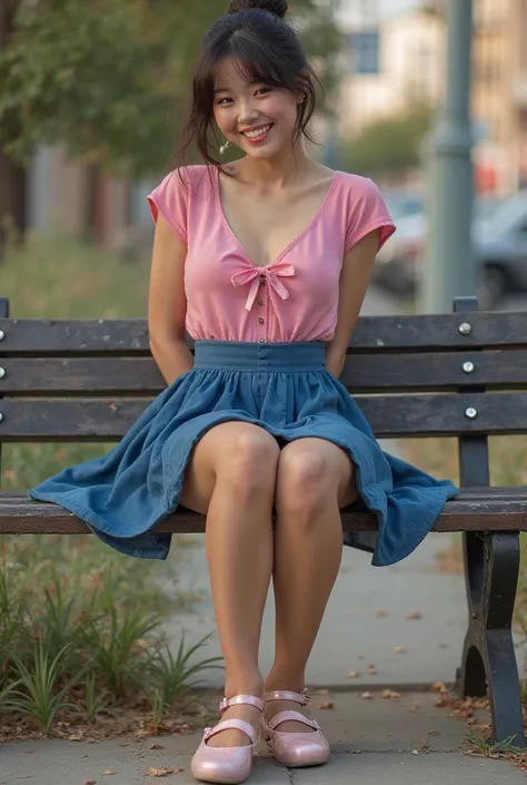 photo-realistic, ultra-realistic, very beautiful Japanese dancer,dramatic scene, masterpiece, pink shirt, blue skirt, pink Mary Jane tap shoes. Suntan pantyhose, metal dance plates attached to the toes and heels of the tap shoes, happy alone on a park benc...