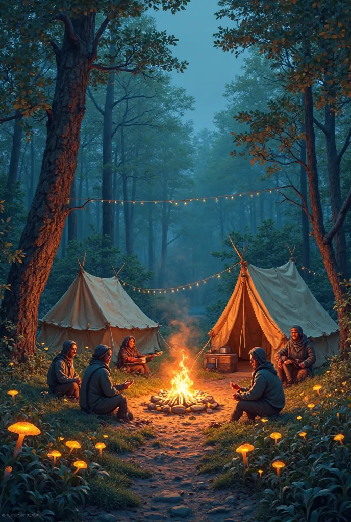 A caravan camp. Fire and mushrooms 