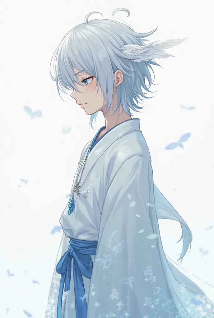 A young anime style with an ethereal appearance, wrapped in an air of calm and mystery.  
#### **appearance:**  
- **hair:** Silver with light bluish reflections, straight and somewhat disheveled. A thin braid falls down to his left shoulder, tied with a w...