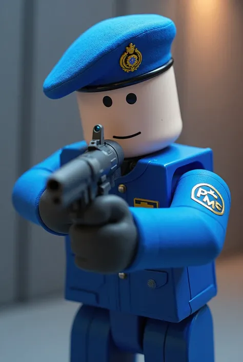 A bald Roblox doll wearing a bright blue beret and a bright blue uniform with the PMSE symbol on the arm and with a fictitious weapon and the doll aiming