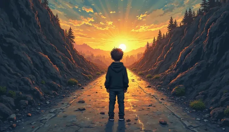 A young boy in a black hoodie stands at a fork in the road in a comic-style scene. One path is steep but bathed in golden light, leading to a distant city of success. The other is flat but dark, littered with glowing distractions—social media icons, fast f...