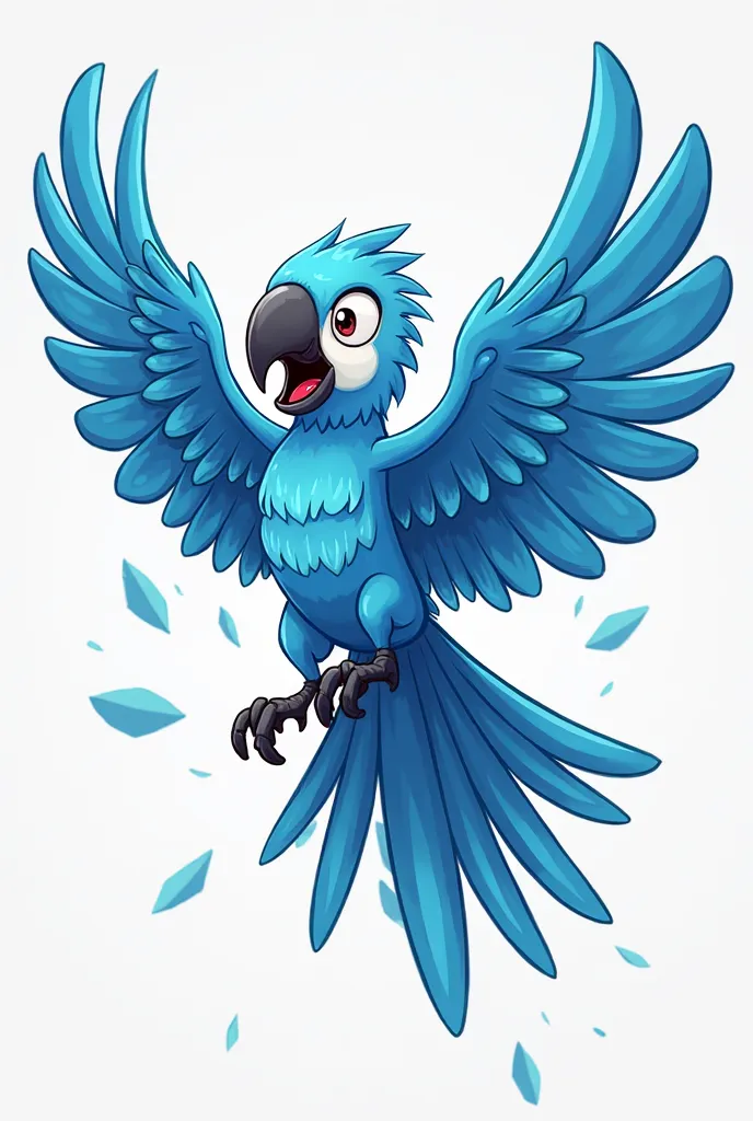 An all-blue macaw with wings spread in a cartoon 