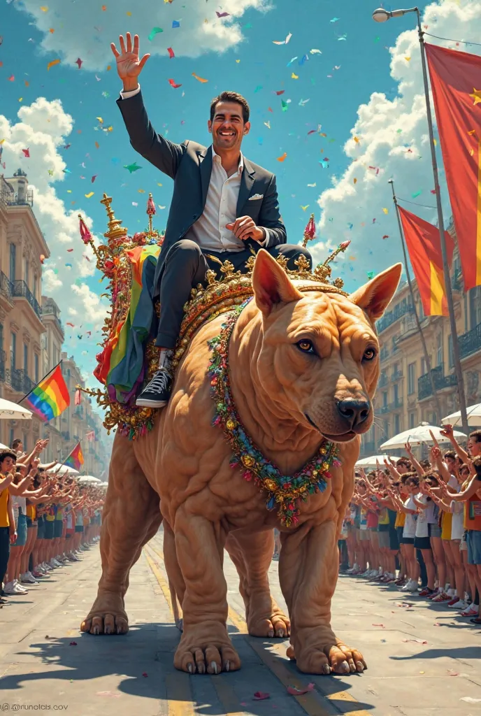 Pedro Sanchez on an LGBT ride on top of a black man who walks on all fours