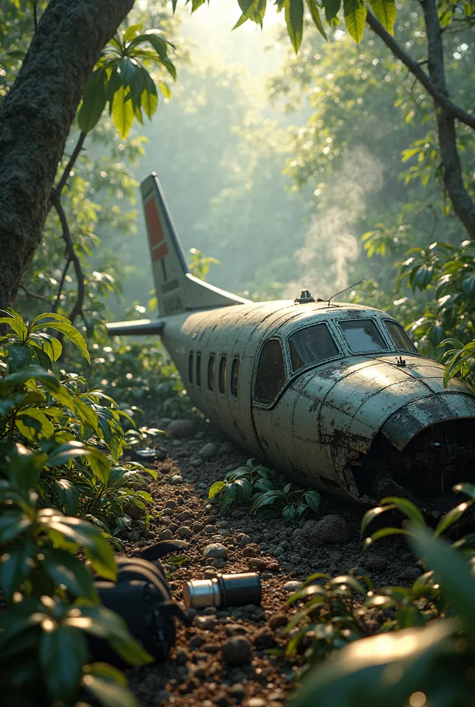 POV of a crashed small plane cockpit in a dense jungle, smoke rising, torn backpack with a broken radio and empty water bottle, sunlight filtering through leaves, realistic survival scene, 8k