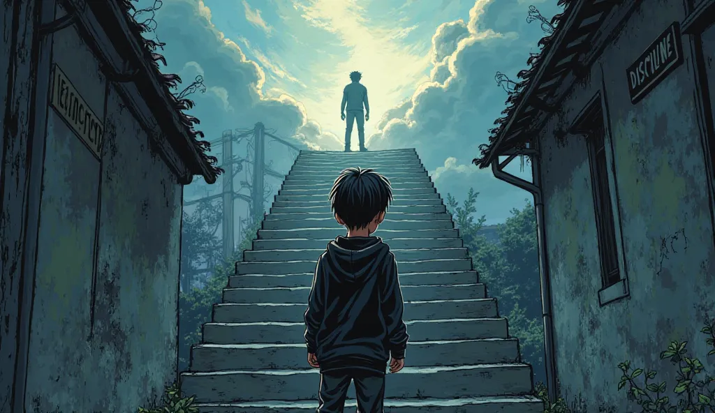 A young boy in a black hoodie stands at the bottom of a long staircase labeled ‘Discipline’ in a comic-style scene. His foot hovers over the first step, hesitation in his eyes. The staircase is steep, disappearing into the clouds where a faint, successful ...