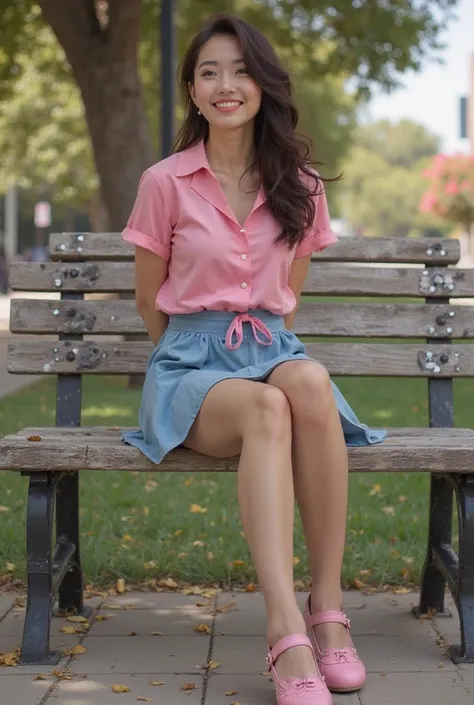 photo-realistic, ultra-realistic, very beautiful Japanese dancer,dramatic scene, masterpiece, pink shirt, blue skirt, pink Mary Jane tap shoes. Suntan pantyhose, metal dance plates attached to the toes and heels of the tap shoes, happy alone on a park benc...