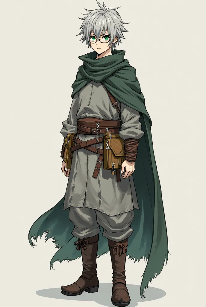 Create a male character from the anime Cabelos: short, with gray highlights (to reflect a touch of brown "wisdom" by XAi),  shredded.
eyes: greens, with a subtle glow when analyzing something.
clothes: simple gray guild tunic, but with a belt full of pocke...