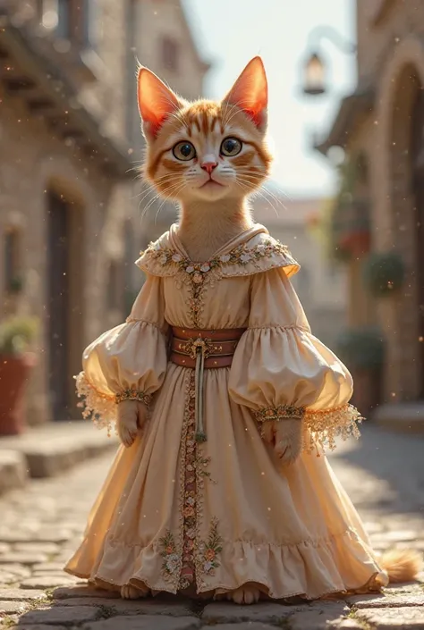 A cute cat in a realistic photo style is wearing a medieval European style dress、girly、tunic、medieval europe square