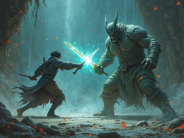 The Duel Begins
"A ghostly cutlass, glowing with eerie energy, clashes against Elias’ steel sword. Sparks fly as the massive stone warrior swings with deadly force. Elias dodges, rolling across the floor as the treasure shakes with each impact."