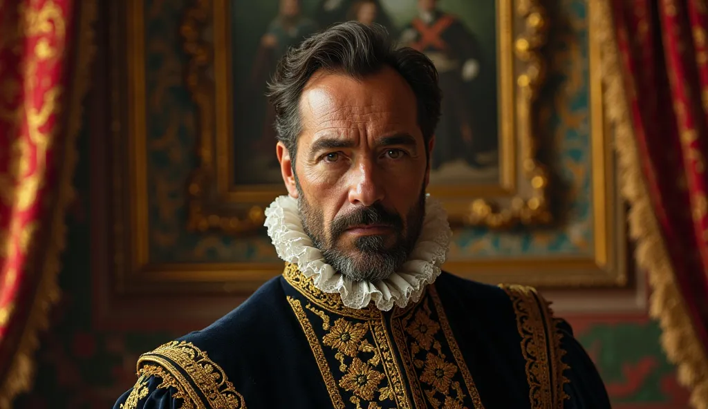 *"A hyper-realistic, cinematic portrait of Miguel de Cervantes, the renowned Spanish author, set in the late 16th century. Cervantes is depicted as a distinguished, thoughtful man in his late 40s or early 50s, with a refined and expressive face showing bot...